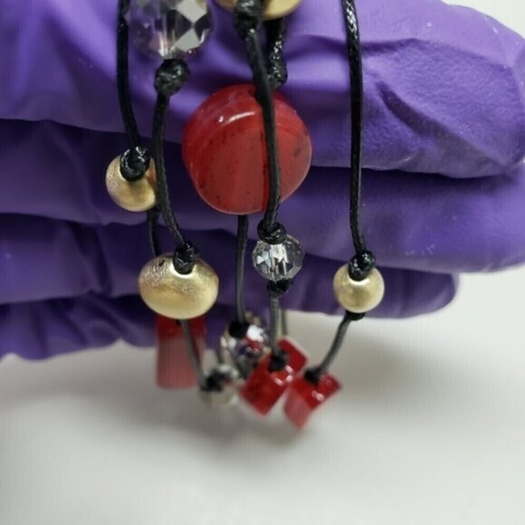 Women's Layered Black cord, Gold tone, Red & Clear Beads Bracelet, magnetic lock - Picture 5 of 10